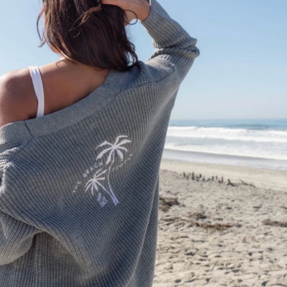 THE BEACH‎ PEOPLE Twin Palms Ribbed Knit Open Front Cardigan Sweater L/XL Gray